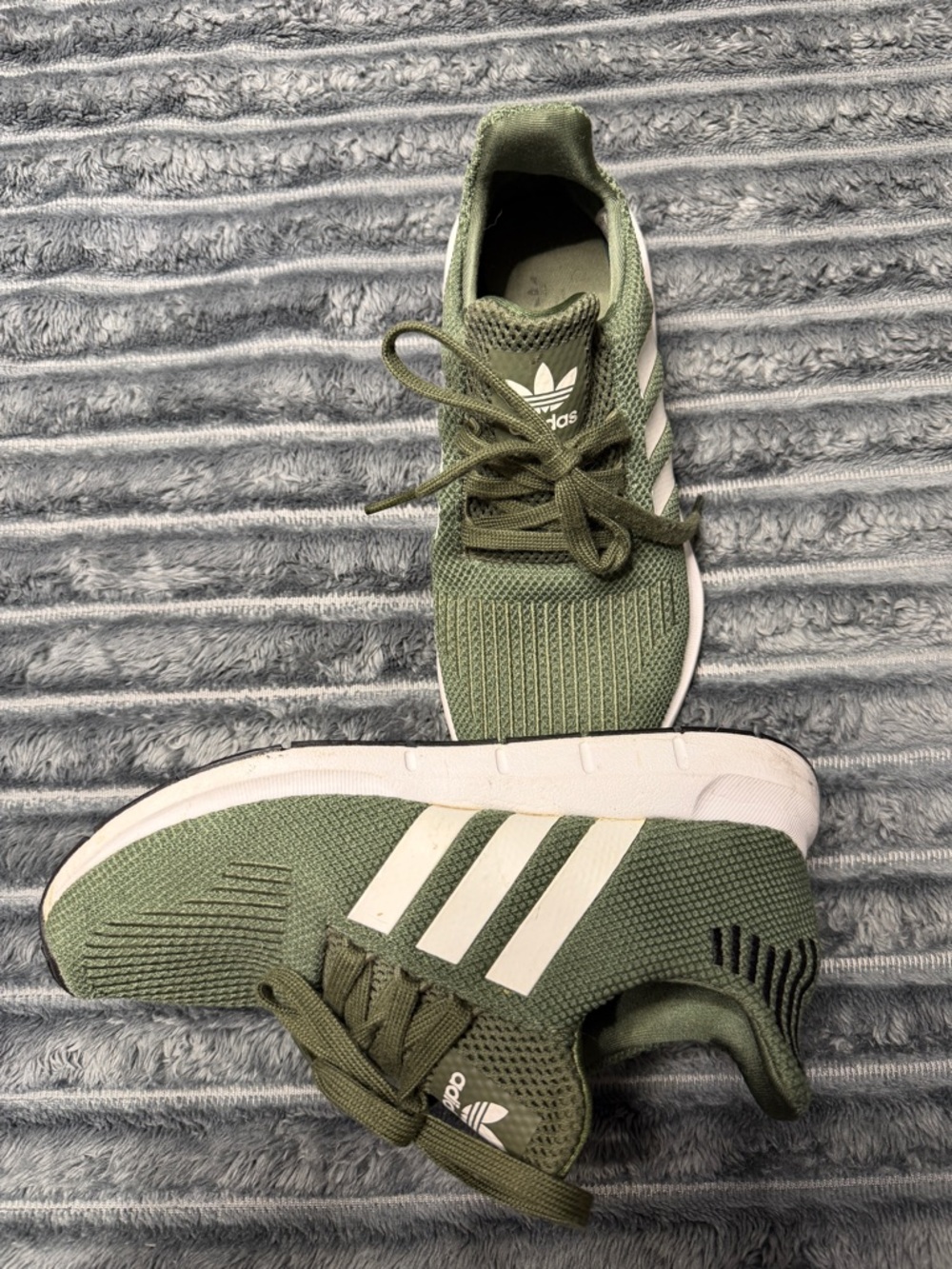 adidas Olive Green Knit Casual Sneakers with White Stripes - Picture 3 of 4